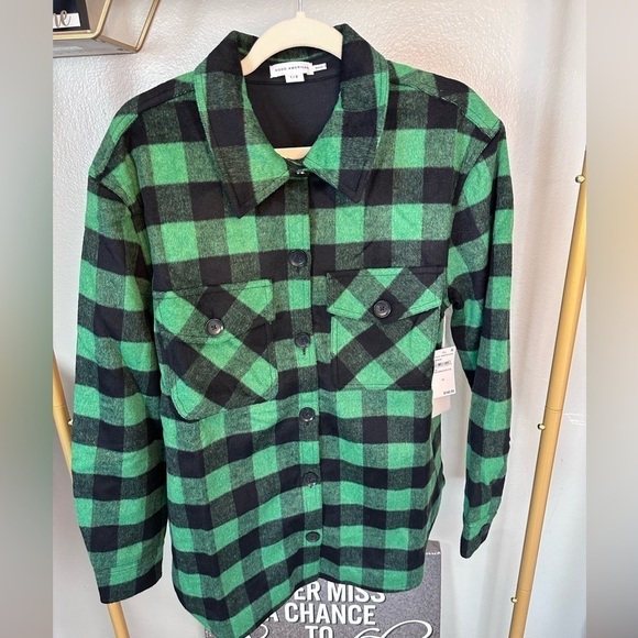 GOOD American Plaid Boyfriend Shaket NWT Summer Green/Black BuffaloPlaid SOLDOUT - Picture 1 of 8